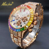 MISSFOX Men Watches 2021 Luxury Large Case With Baguette Full Diamond Quartz Wristwatch Chronograph Calendar Watch Droshipping