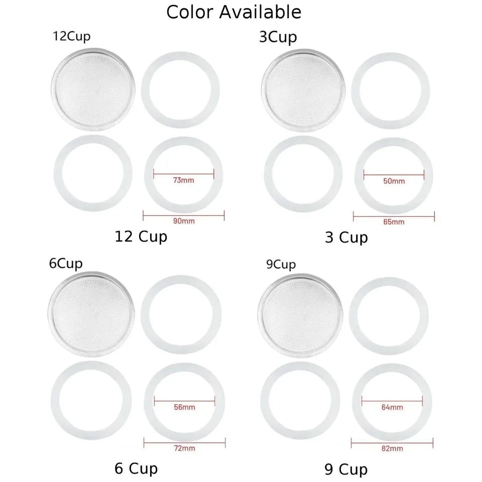 1 Set, 3pcs Silicone Gaskets and 1pc Aluminum Filter Moka Pot Coffee Bottle Replacement Compatible with 3/6/9/12 Cup Moka Expres