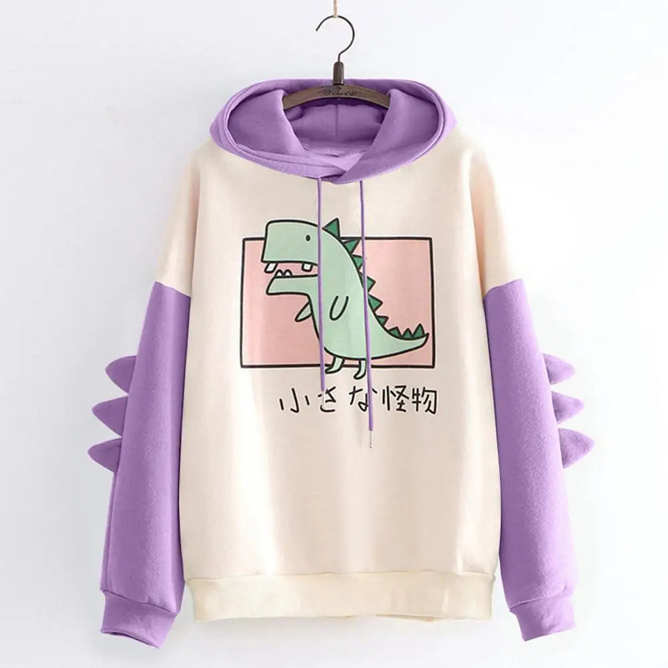 Winter Cute Dinosaur Cartoon Hoodie Women Fashion Sweatshirt Casual Print Long Sleeve Korean Style Splice Tops Kawaii Clothes