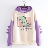 Winter Cute Dinosaur Cartoon Hoodie Women Fashion Sweatshirt Casual Print Long Sleeve Korean Style Splice Tops Kawaii Clothes