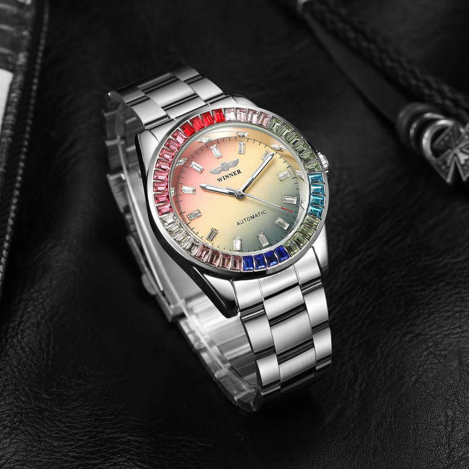 2024WINNER Original Colored Diamonds Mechanical Waterproof Men's Watch Automatic Movement Stainless Steel Luxury Watches