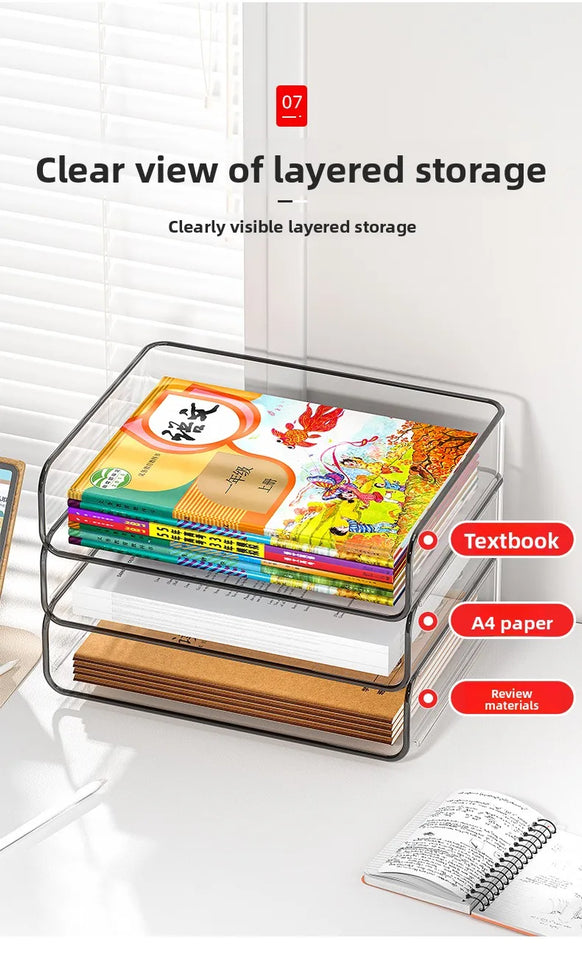 Desk Letter Tray Set, A4 Size Clear PET Stackable Document Organizer Office Desktop File Paper Holder Book Storage Rack.
