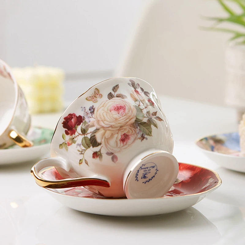 English Camellia Coffee cup & Saucer Set, Light luxury Home afternoon Tea cup and plate, Girls' gift, High appearance level cups