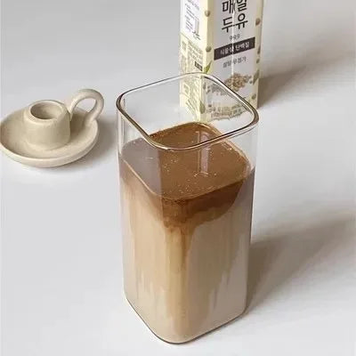 1Pcs Square Heat Resistant Coffee Glass Cup  With Lid and Straw Transparent Milk Tea Juice Cups For Home Bar Drinkware