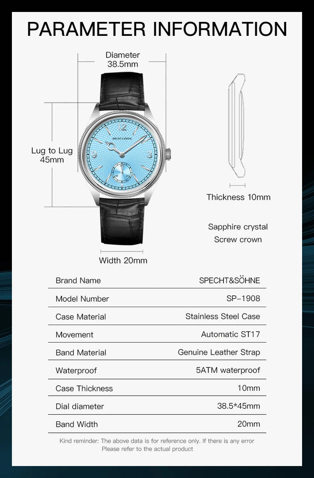 Specht & Söhne New Arrivals 1908 Automatic Watches For Men Stainless Steel Seagull Movt Mechanical Wristwatch 50M Waterproof