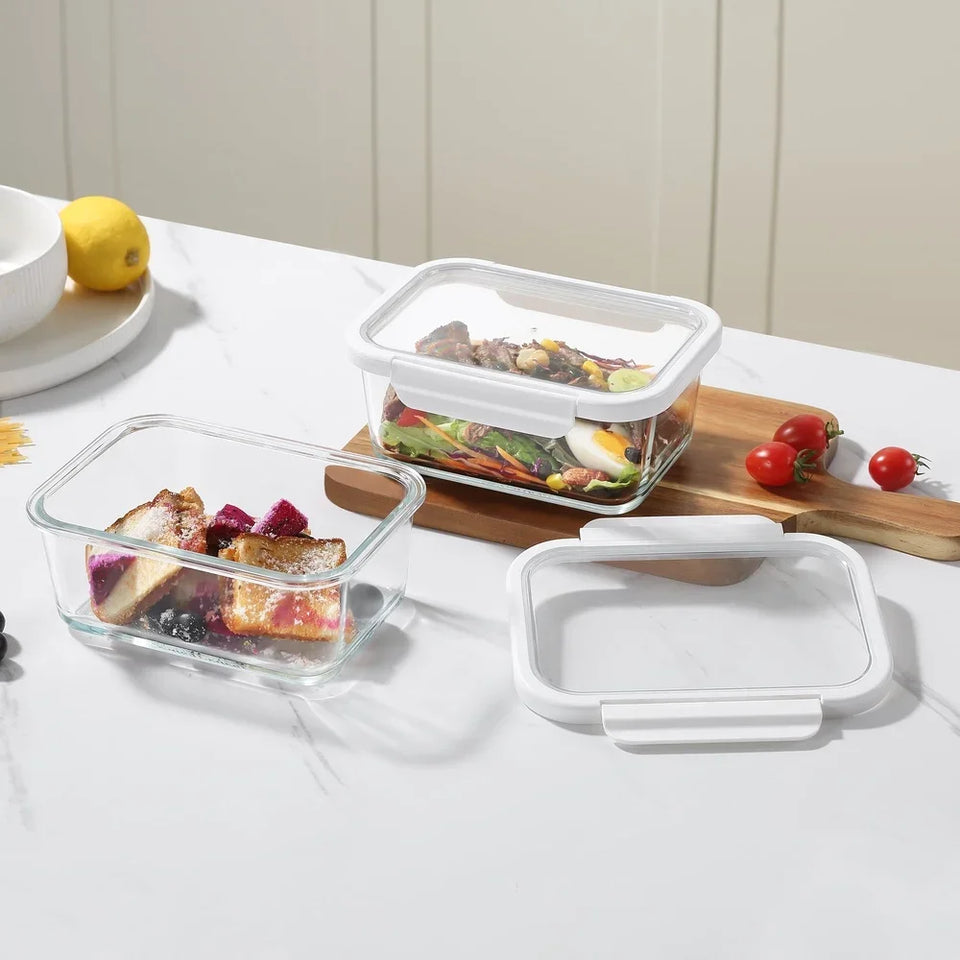 4PC Rectangle Glass Containers Airtight Lid Microwave Freezer Dishwasher Safe Food Storage
