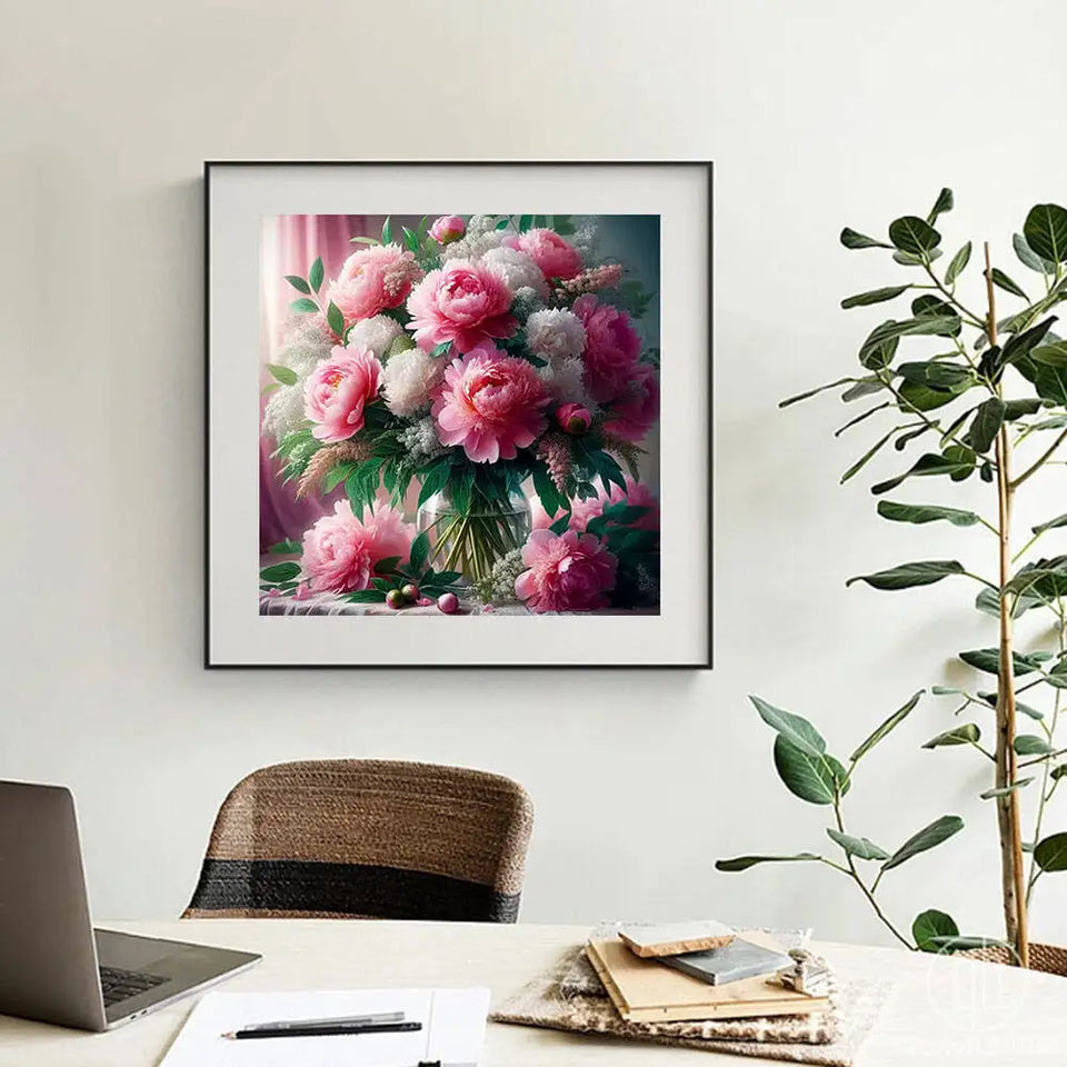 Huacan Peony Flower Diamond Painting New Arrivals 2025 Full Square Round Diamond Mosaic Wall Decor Rhinestone Pictures
