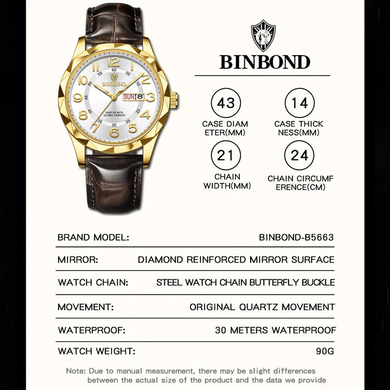 BINBOND New Fashion Mens Casual Sports Watches For Men Retro Big Dial Quartz Watches Classic Leather Business Men Watches B5663
