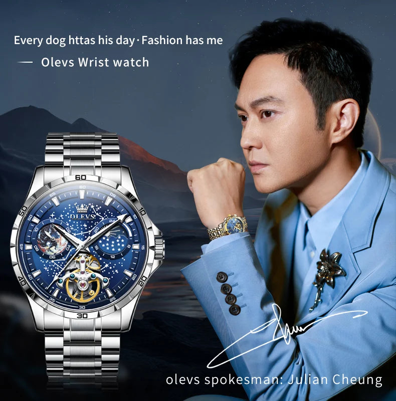 OLEVS 6689 Original Brand Men's Watches Starry Sky Disk Waterproof Luminous Automatic Mechanical Wristwatch Moon Phase Man Watch