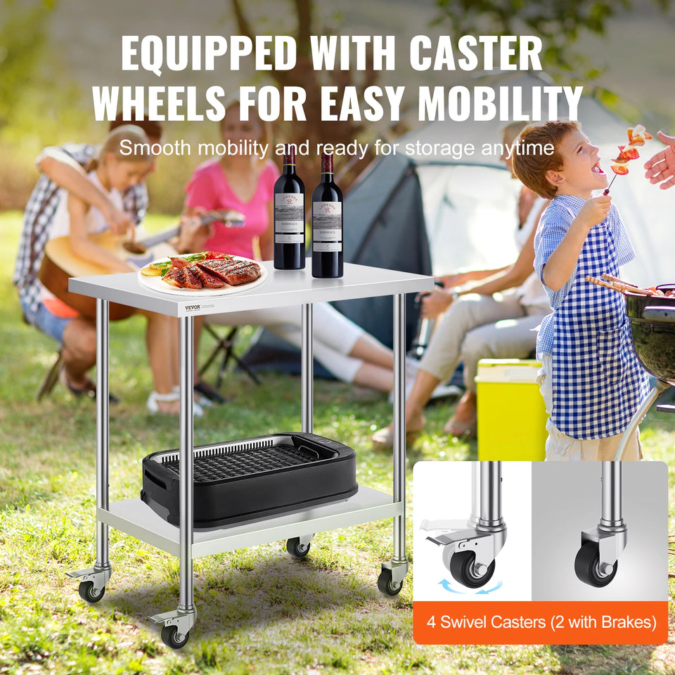 VEVOR Stainless Steel Work Prep Table with 4 Wheels 3 Adjustable Height Levels Heavy Duty Food Prep Worktable for Hotel Home