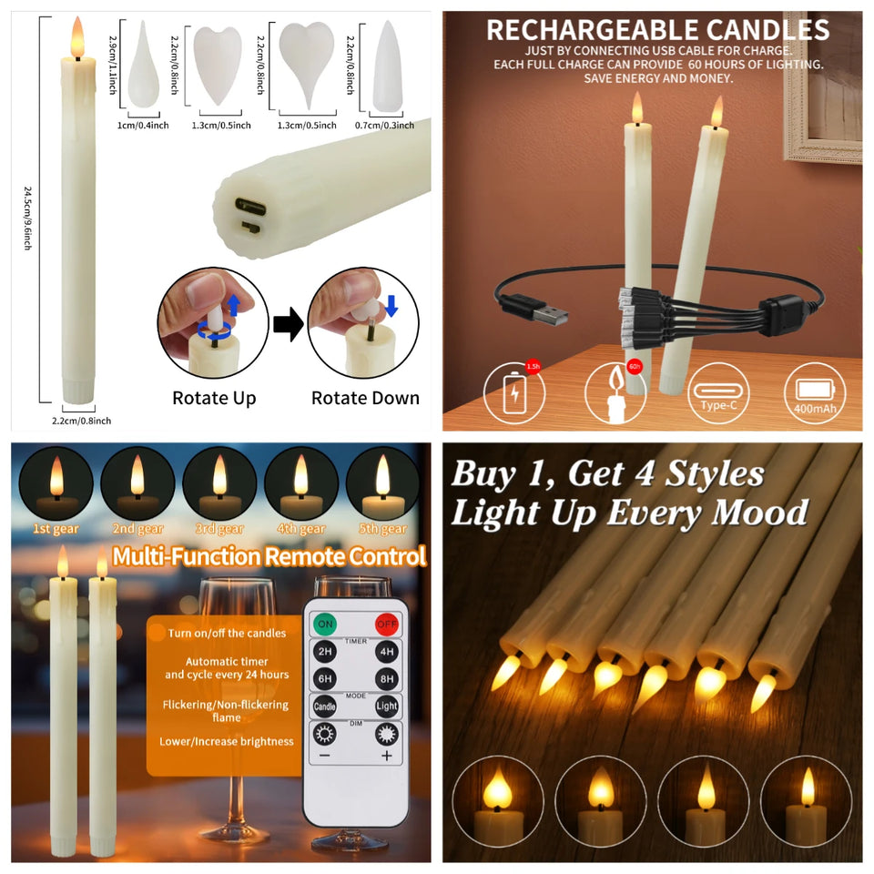 LED Flameless Taper Candles 6.5/11" Battery Operated Fake Flickering Candlesticks Electric Long Candles for Wedding Home Decor