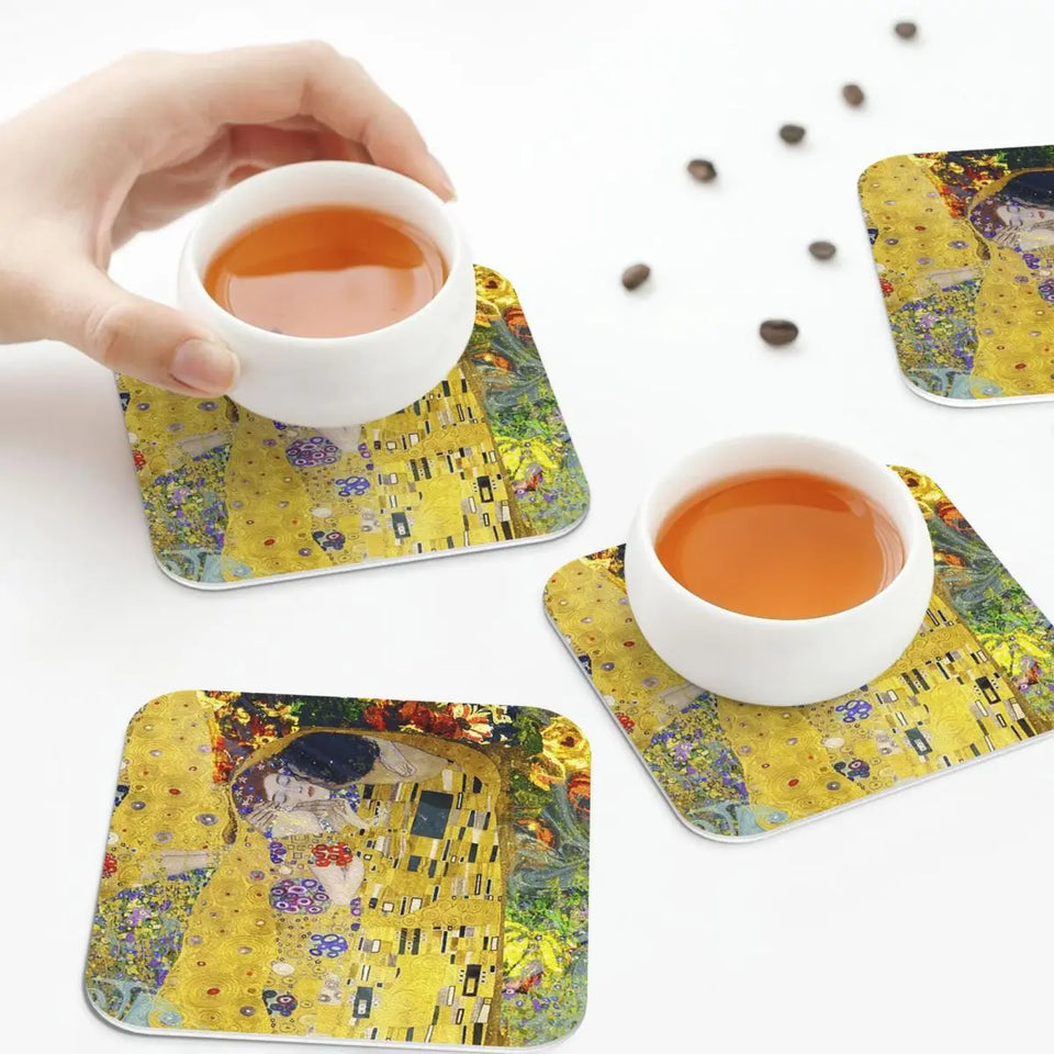 The Kiss By Gustav Klimt Coasters Kitchen Placemats Non-slip Insulation Cup Coffee Mats For Decor Home Tableware Pads Set of 4