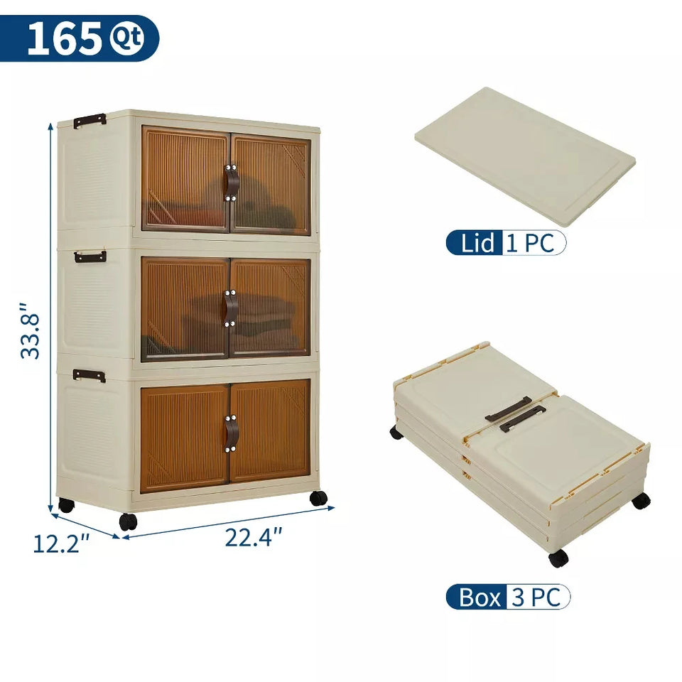 3/4/5-Tier Foldable Storage Cabinet with Lids & Wheels, Stackable Plastic Organizer for Closet, Bedroom, Office & Kitchen