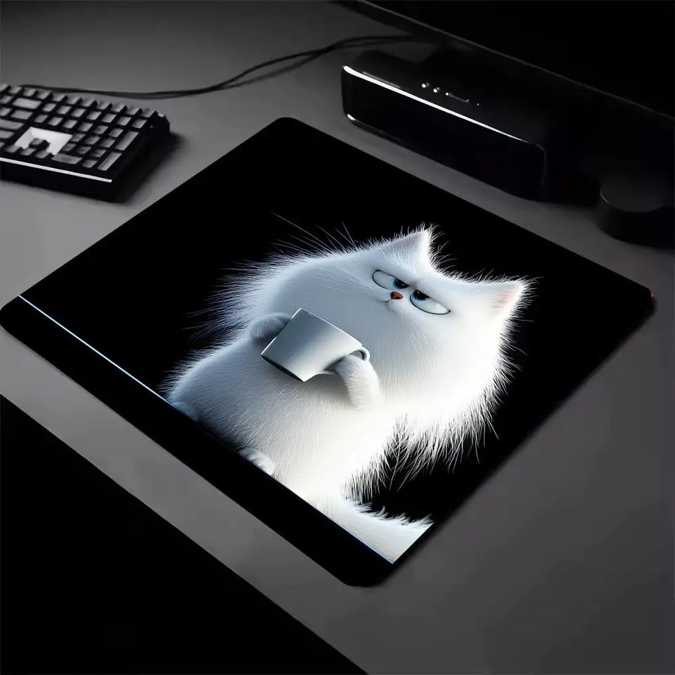 Kawaii Coffee Cat Mouse Pad Black Square Gaming Accessory Rubber Deskmats HD Non-Slip Computer Keyboard Mat New Laptop Mousepad