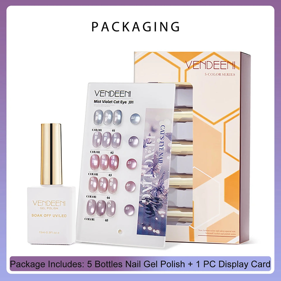 Vendeeni 5 Colors/Set Crystal Cat Eye Gel Nail Polish Semi Permanent Sparkling Magnetic UV LED Soak Off Gel Varnish With Display