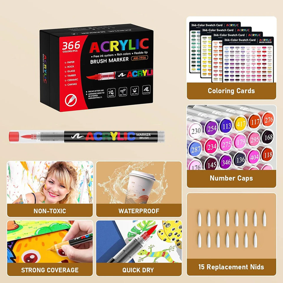 366 Colours Acrylic Markers Flexible Brush Tip Acrylic Paint Marker for Painting Stone Fabric Glass Ceramic Canvas Paper Wood