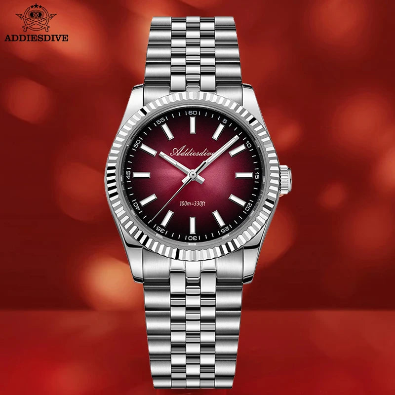 ADDIESDIVE AD2073 Men's Business Watch Sapphire Glass Stainless Steel Quartz Wristwatches Gradient Red Dial Watches Reloj Hombre