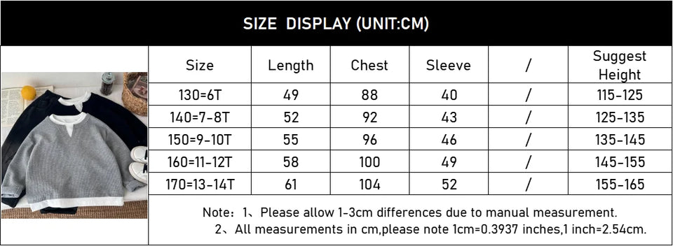 Boys' Casual Loose Cotton Long Sleeve Sweatshirt Grid Pullover Shirt 6-14 Years Spring Autumn Fashion Fake 2 Piece Top for Kids