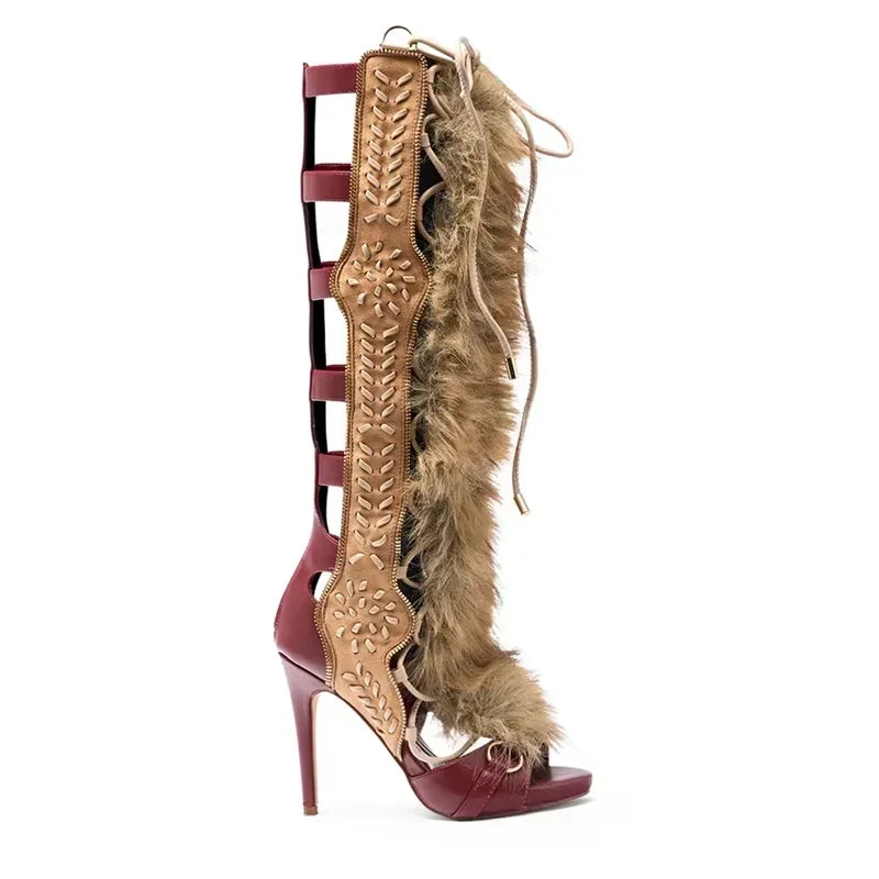 Fur Peep Toe Cross Tied Platform Sandal Boots Sexy Round Toe Thin Heel Zippeer New Arrivals Fashion Women Modern Boors