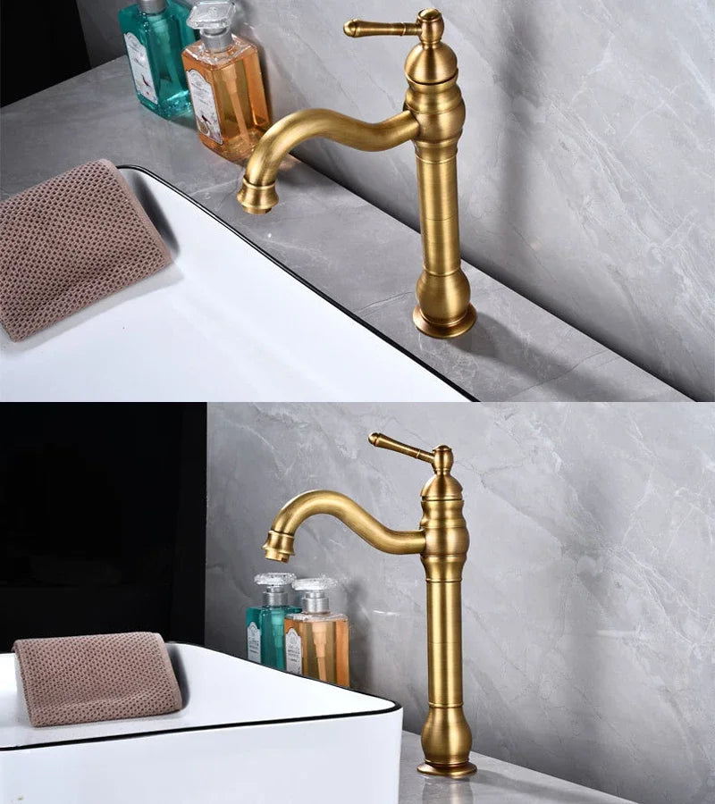 Antique Brass Basin Faucet Deck Mounted Single Handle Bathroom Accessories Crane Long Spout Lavatory Sink Hot Cold Mixer Tap