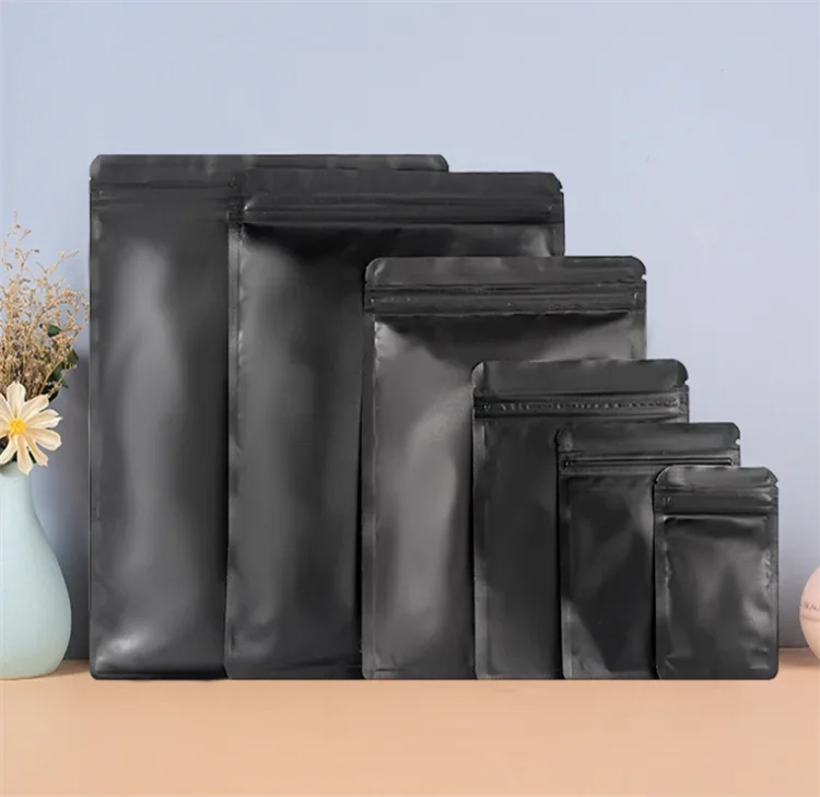 100PCS Matte Black Aluminum Foil Ziplock Packaging Bag Resealable Snack Coffee Sugar Beaf Biscuit Candy Tea Gift Storage Pouches