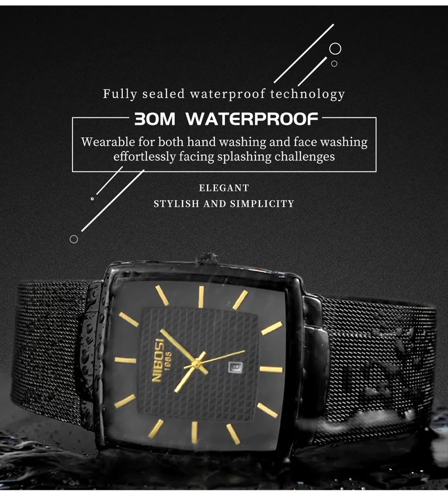 NIBOSI Mens Watches Top Brand Luxury Square Quartz Watch Men Slim Mesh Waterproof Sport Wristwatch Date Luminous Reloj Hombre