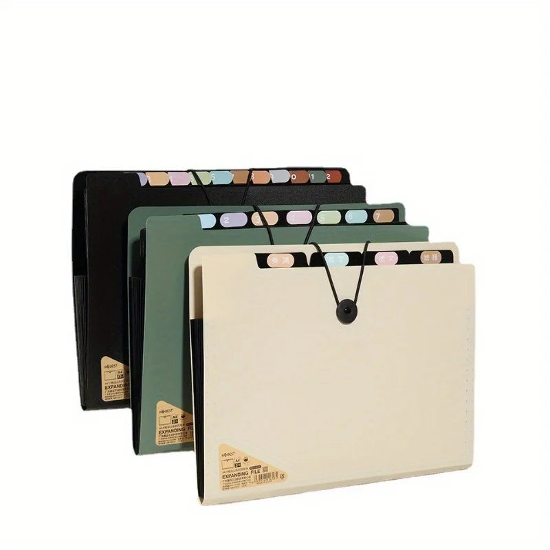 1PC Premium Black 5-Compartment Folder with Handle, Durable PP Desk Organizer with Color-Coded Labels for Office & Home Use