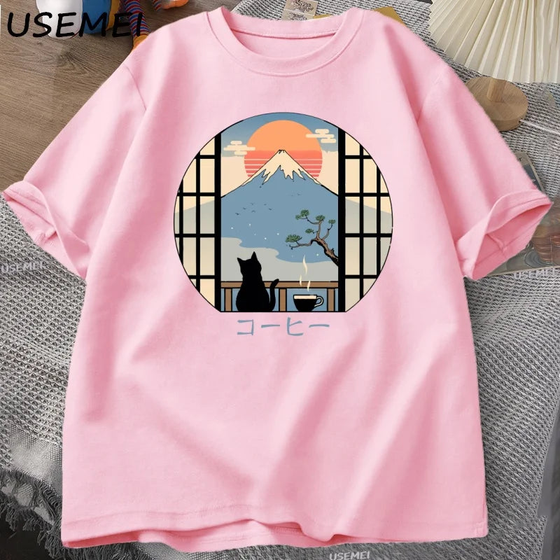 Coffee Cat in Mt Fuji T-shirt Men Women Round Neck Short Sleeve Tshirt Japanese Style Printed T-Shirt Cotton Oversized Tops