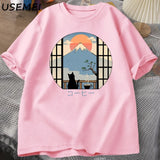 Coffee Cat in Mt Fuji T-shirt Men Women Round Neck Short Sleeve Tshirt Japanese Style Printed T-Shirt Cotton Oversized Tops