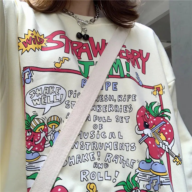 Harajuku Retro Top Strawberry Print Sweatshirt  Women Loose Streetwear Sweatshirts American  Oversized Pullovers