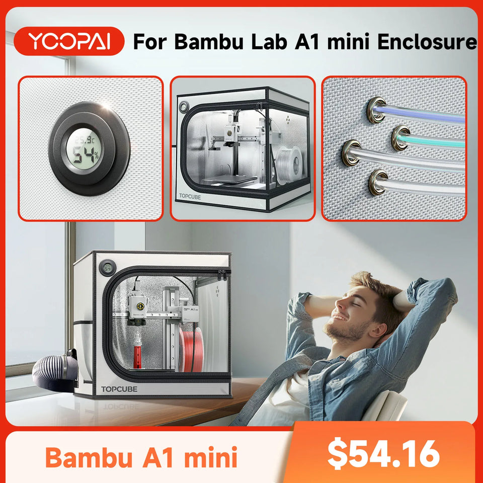 Yoopai 3D Printer Enclosure For Bambu Lab A1 mini 3D printer House Cover with LED light Constant Temperature size 46*46*55 cm