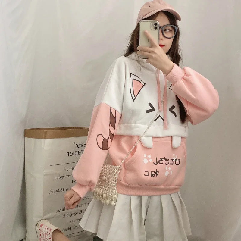Harajuku Funny Women Hoodies 100% Cotton Winter Plus Fleece Cute Pink Anime Sweatshirt Teen Girl Kawaii Long Sleeve Y2K Hoodie