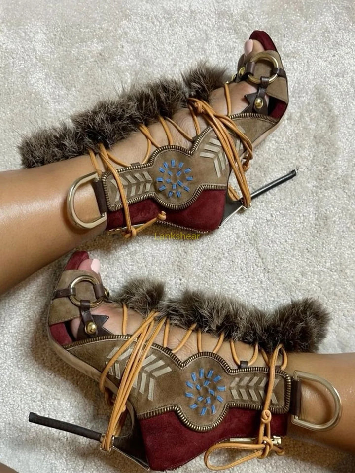 Fur Peep Toe Cross Tied Platform Sandal Boots Sexy Round Toe Thin Heel Zippeer New Arrivals Fashion Women Modern Boors