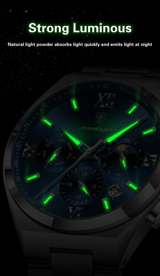 POEDAGAR Fashion Functional Man Wristwatch Luminous Week Date Business Watch For Men Stainless Steel Sports Men's Quartz Watches