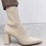 2025 Autumn Winter Knitted Stretch Fabric Socks Boots Women Low Heel Short Boots Pointed Toe Female Ankle Booties Size 42