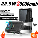 2025 NEW Solar Power Bank 20000mAh 22.5W Magnetic Wireless Powerbank Hand Crank with Cable Portable Charger for Outdoor Camping