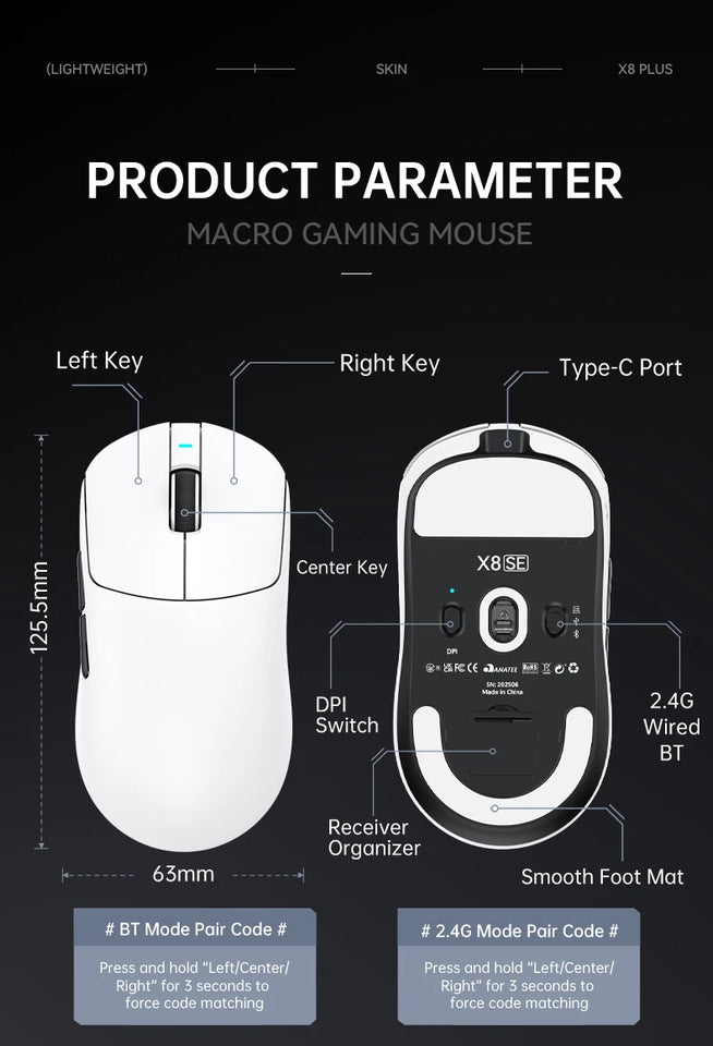 Attack Shark X8 SE Wireless Gaming Mouse | 55g Ultra-Light | 1KHz Wired/Wireless | PAW3311 25K DPI | Tri-Mode | 80M Clicks