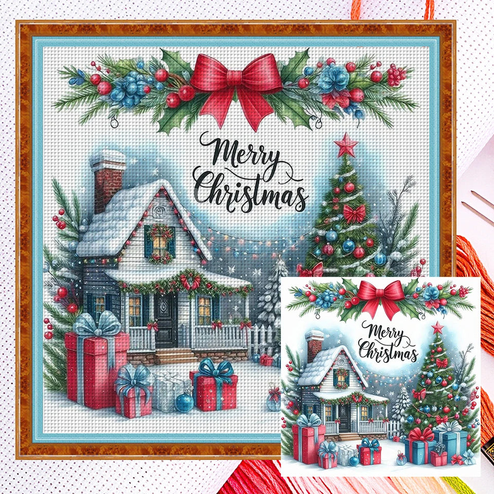 Full Embroidery Eco-cotton Thread 14CT Counted Christmas House Cross Stitch Kit