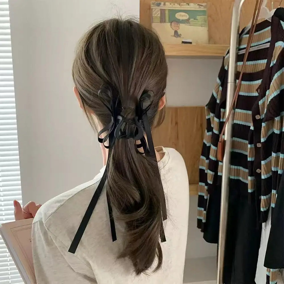 Fashion Black Bow Ribbon Hair Claw Clips Women Temperament Elegant Hairpin Princess Headdress Grab Clip Girls Hair Accessories