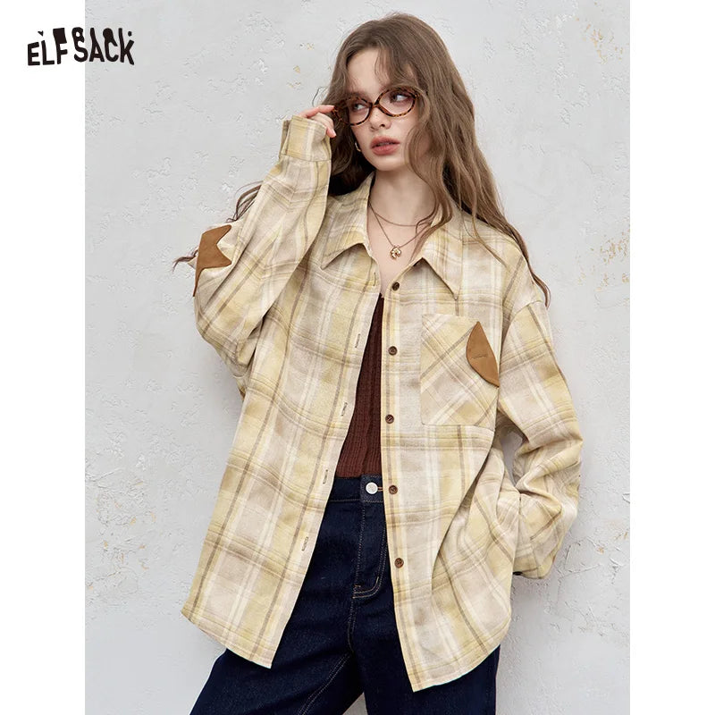 2025 Autumn ELFSACK New Arrivals Casual Color Block Plaid Oversized Long Sleeve Lapel Collar Shirt For Women