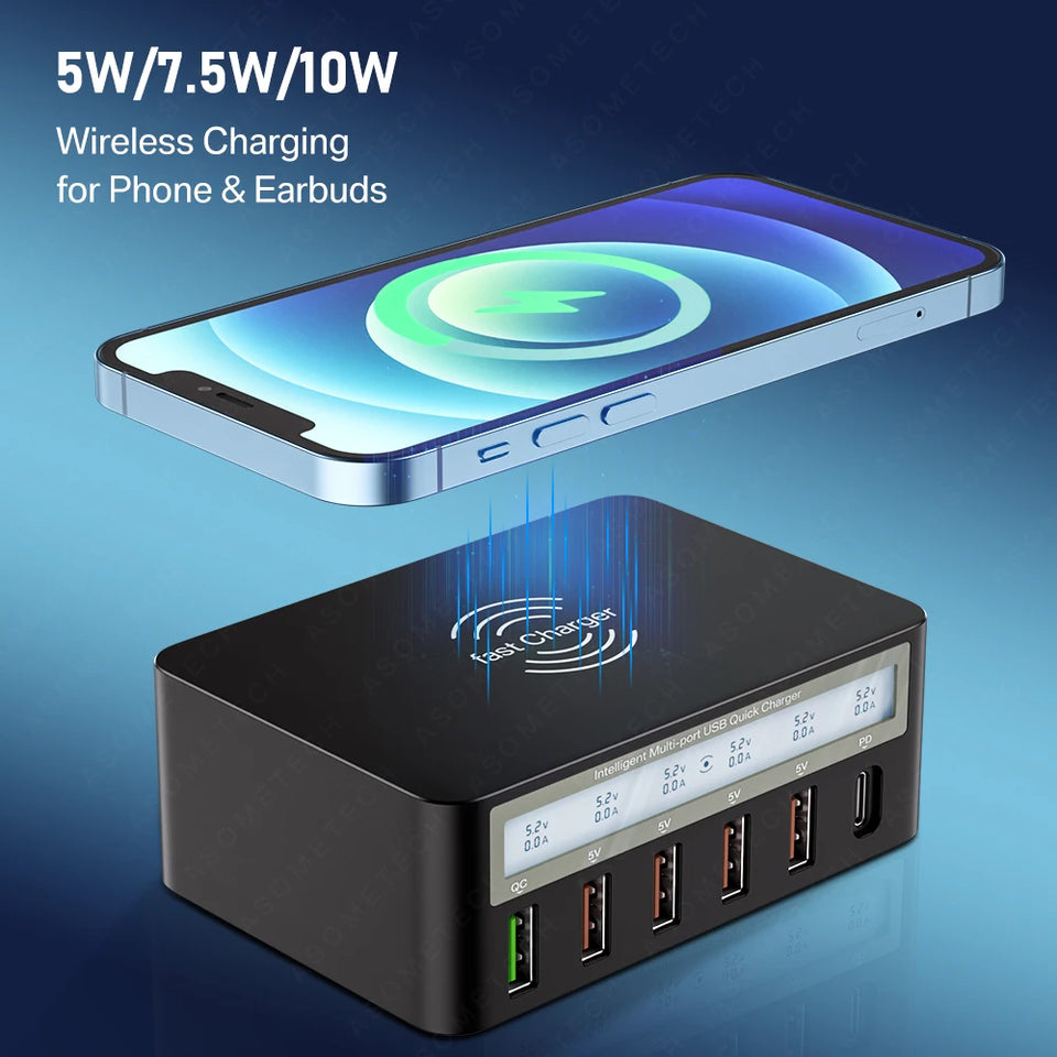 100W USB PD QC Charger Adapter Wireless Charger 6 Ports Fast Charging Station for IPhone 14 13 12 Pro Max IPad, Samsung Huawei