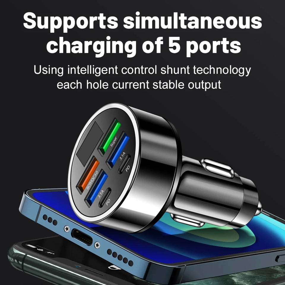 6 In 1 Car Charger Total 100W Super Fast Charging Multi-port Voltage Car With Vehicle Digital Display Mobile car Phone Charger
