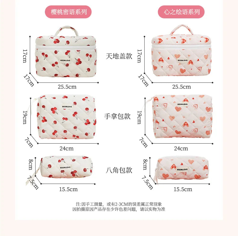 Storage Organizer Cherry Printing Makeup Bag Quilted Cosmetic Pouch Large Travel Cosmetic Bag Cute Cotton Makeup Pouch