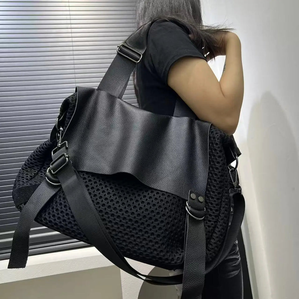 Ladies' fashionable retro mesh tote bag with large capacity and personalized splicing, single shoulder diagonal cross bag