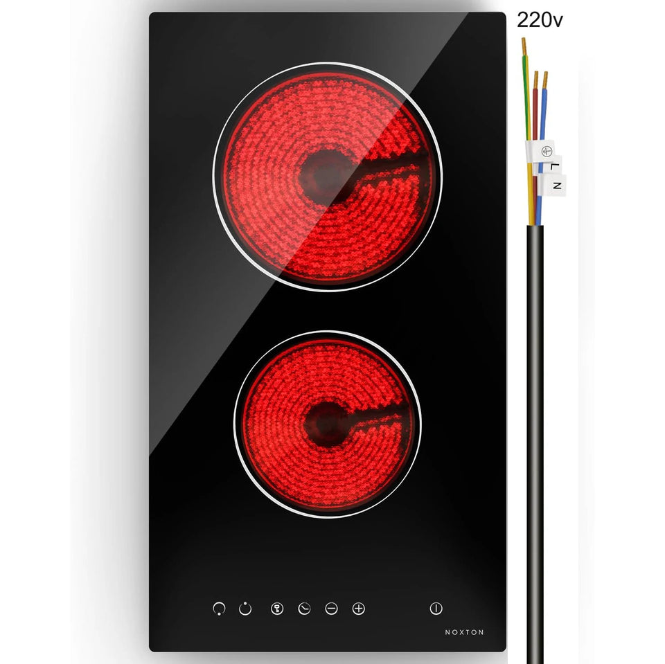 NOXTON Ceramic Hob, Built-in 2 Zone Electric Hobs 29 x 52cm Noise-free Auto Shut-off Safe Lock Heat Indicator Black Glass Panel