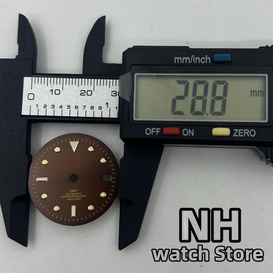 28.8mm Brown Coffee Dial With Gold Edge Time Marks Green Luminous For NH34 NH35 Movement Date Window