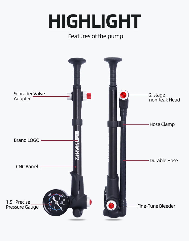 ThinkRider Portable High-pressure 300psi Bike Air Pump with Gauge for Fork & Rear Suspension Shock Absorber Mountain