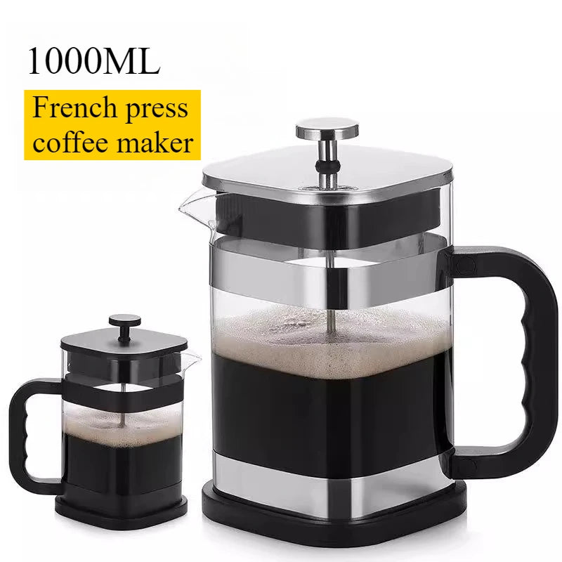 1000ml Square-shaped French Press Pot Durable Glass Coffee Machine with Stainless Steel Fine Mesh Filter Household Tea Kettle