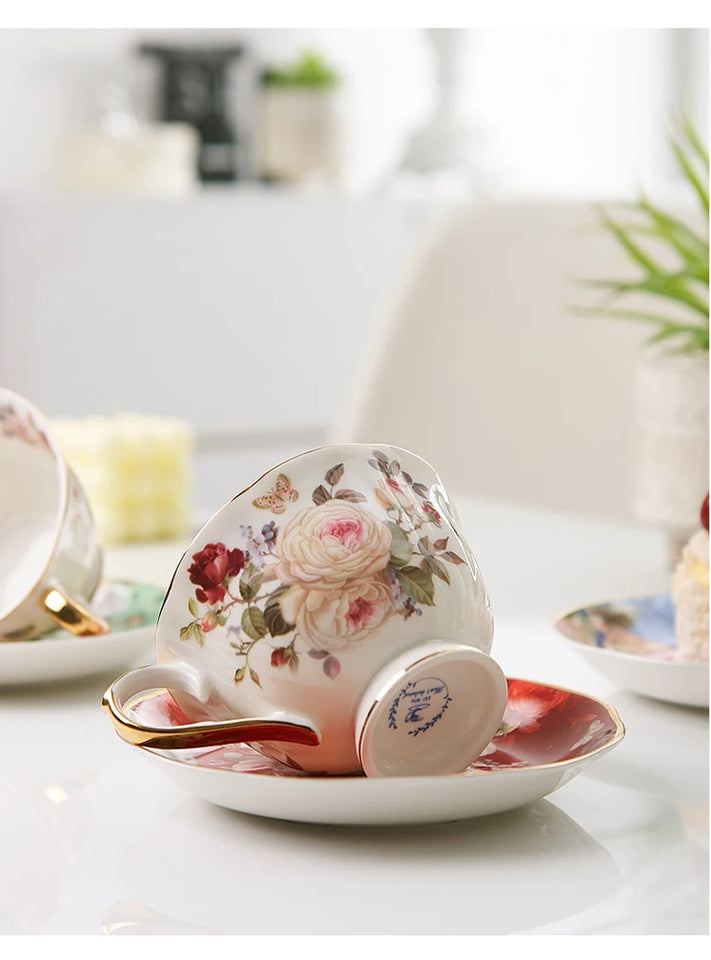 English Camellia Coffee cup & Saucer Set, Light luxury Home afternoon Tea cup and plate, Girls' gift, High appearance level cups