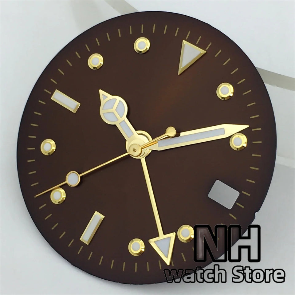 28.8mm Brown Coffee Dial With Gold Edge Time Marks Green Luminous For NH34 NH35 Movement Date Window